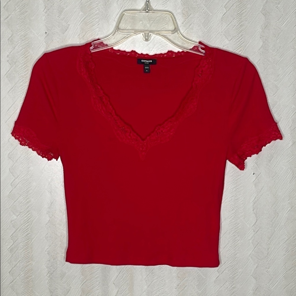 ❤️ 🆕 EXPRESS Red Ribbed Fitted Top Size S - Picture 2 of 4